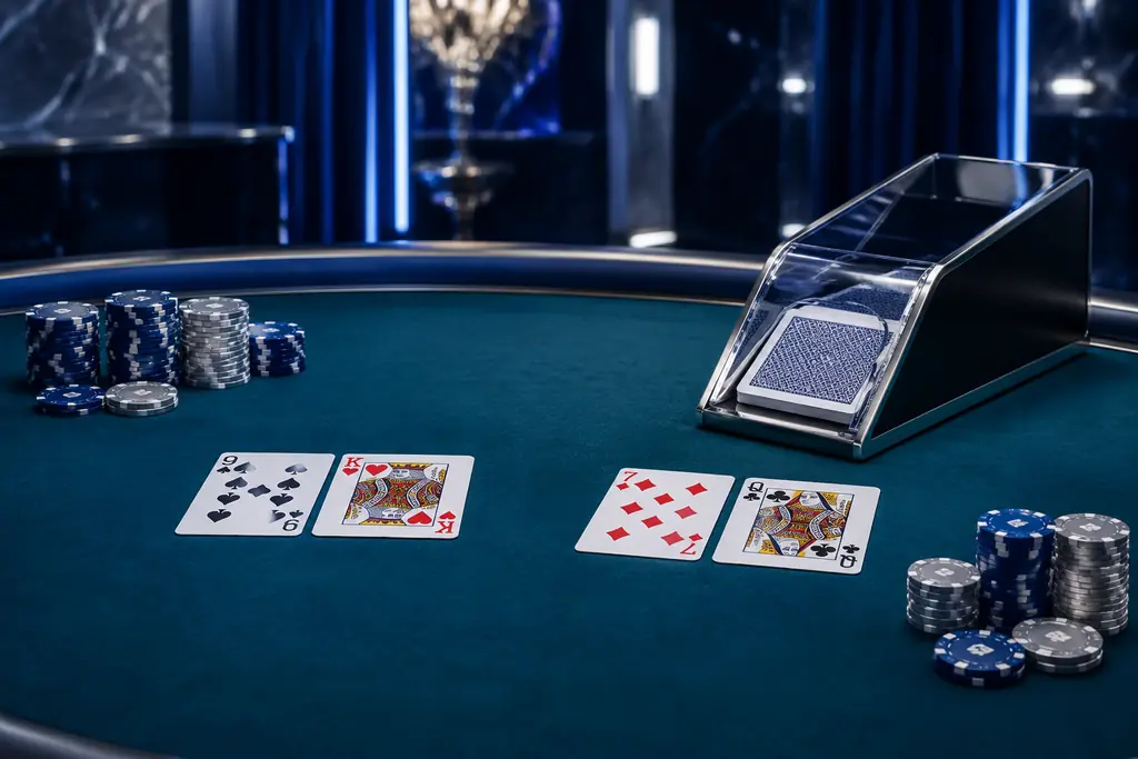 Sepatu kartu dan dua tangan baccarat di meja kasino