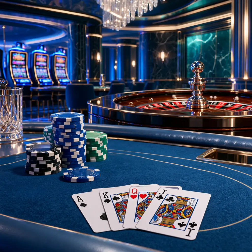 Interior kasino dengan kartu blackjack, cip dan roda roulette