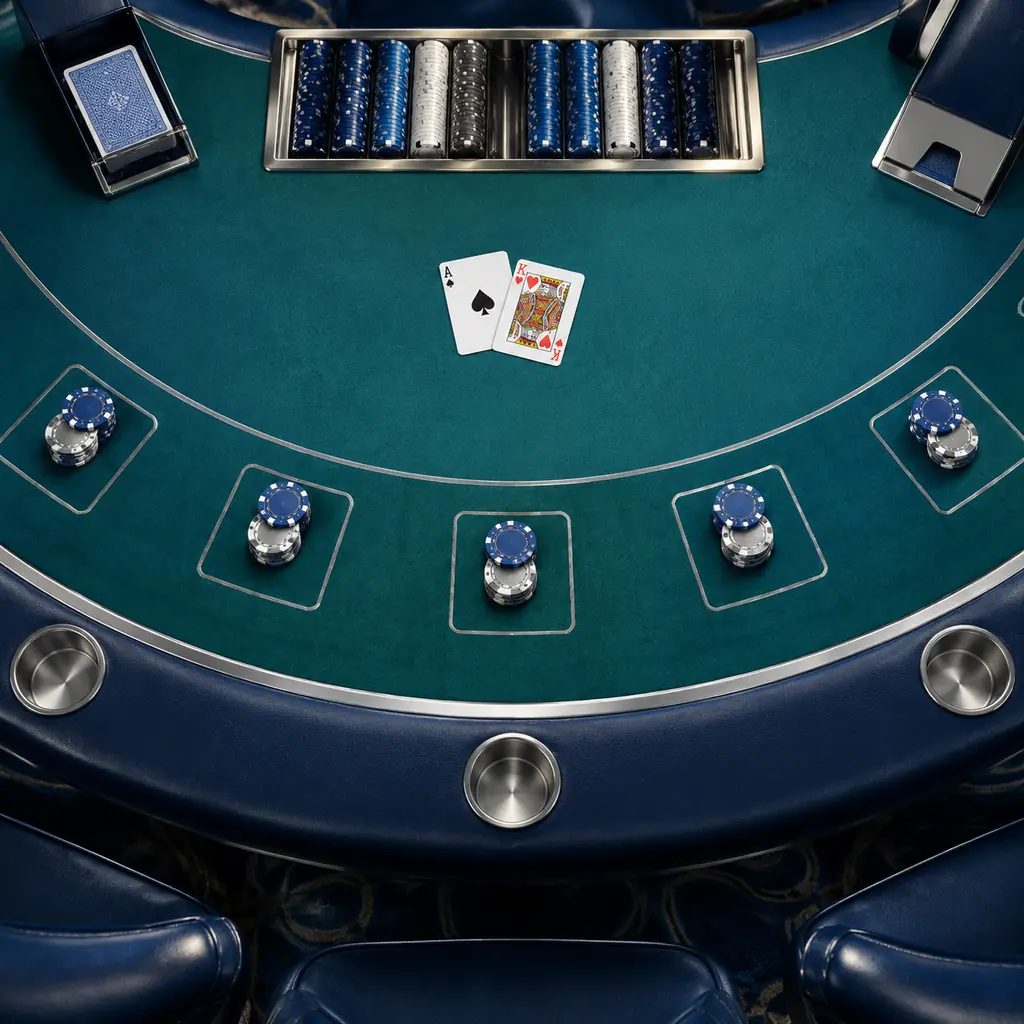 Meja blackjack lebar dengan beberapa susunan kartu